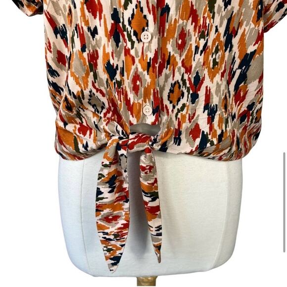 Beach Lunch Lounge Orange and Brown Short Sleeve Tie Front Blouse - Picture 4 of 6